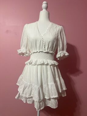 White Smocked Waist Tiered Mini Dress with Pom-Pom Trim